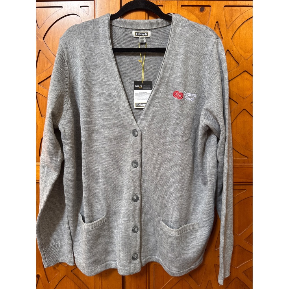 Edwards Grey Tuff-Pil Plus V-Neck Cardigan Cedars Sinai Logo Sweater Womens XL